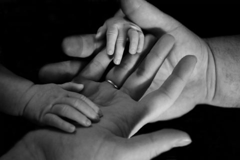 black and white image of a set of hands holding a set of a baby'd hands