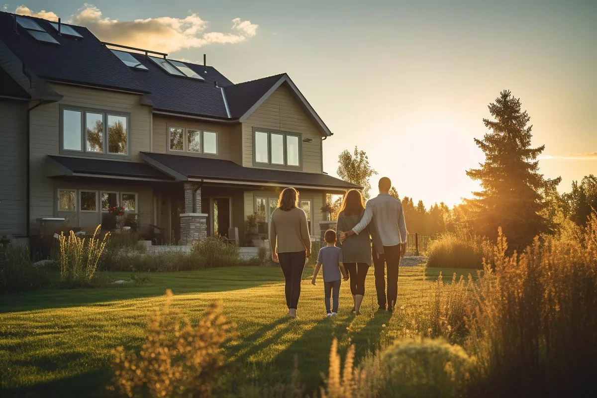 Family standing outside of their new home at sunset